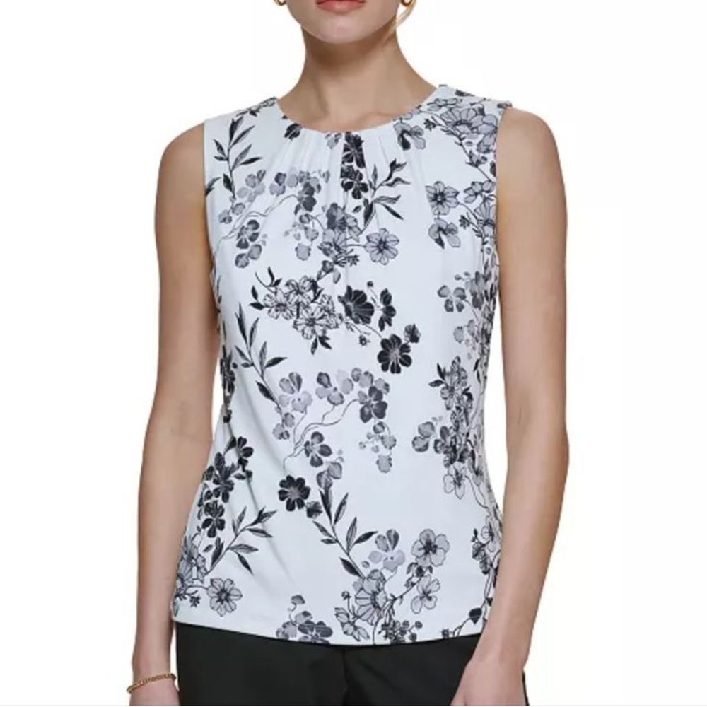 Calvin Klein Floral Sleeveless Blouse - Black and White Women’s Large